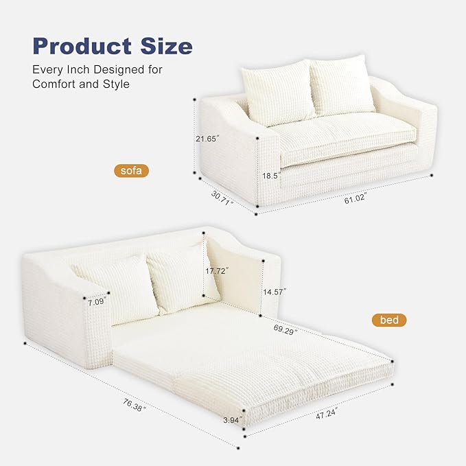 61" Convertible Sofa Bed Loveseat, Memory Foam Boneless Floor Couch with Removable Corduroy Cover, Tri-folding Compact Full-size Sleeper for Small Living Room, Playroom, Guest Room, RV (White) | Convertible Sofa Bed, Premium Memory Foam, Ergonomic Desi...