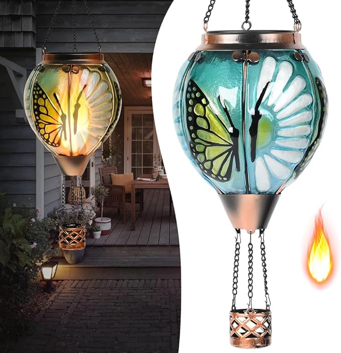 Hot Air Balloon Solar Lantern - Butterfly Stained Glass Lantern, Simulated Flickering Dancing Flame, Outdoor Hanging Yard Light Waterproof IP65 for Patio Lawn Porch Decor Gift