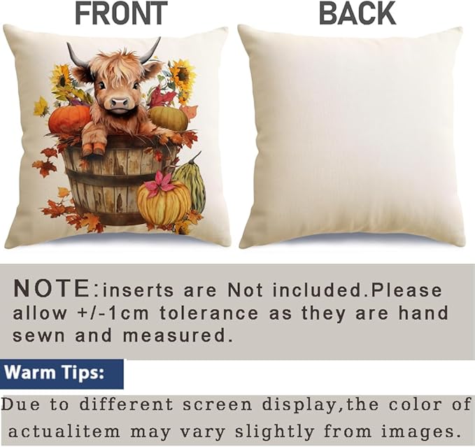 RABUSOFA Fall Decor Pillow Covers 18x18 Inch Highland Cow Autumn Decorations for Home Outdoor Thanksgiving Hello Pumpkin Sunflower Decor Decorative Throw Pillow Cases for Couch Burnt Orange