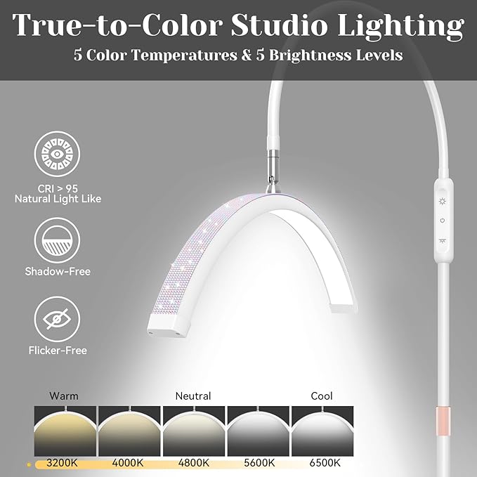 Lash Light for Eyelash Tech, Led Half Moon Glitter lash lamp Light Lamp for Tattoo, Lash Extensions, Nail, Beauty, for Esthetician & Artists, Adjustable Height, with Tray, Rhinestone Diamond