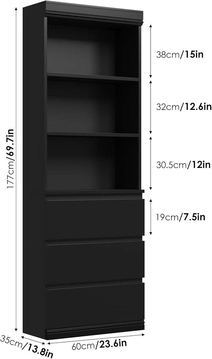 IDEALHOUSE 70" H Bookcase with 3 Storage Drawers,Tall Bookshelf w/ 3-Tier Open Shelf, Morden Storage Bookcase Wooden Deep Bookshelves Storage Cabinet Organizer for Library Office Living Room (Black)