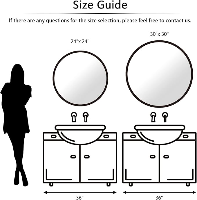 24 inch Round Mirror Black Metal Framed Wall Mount Bathroom Vanity Real Glass Circle Mirror for Home, Entryway, Living Room, Bedroom