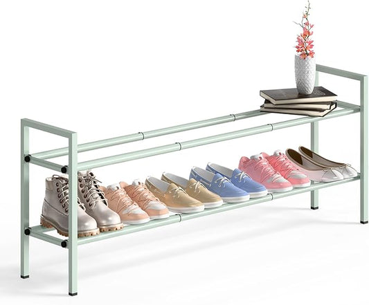 Bumusty 2-Tier Long Expandable Shoe Rack for Closet, 18"-44" Adjustable Shoe Rack for Entryway, 10-12 Pairs Large Shoe Organizer Shelf Storage, Sturdy Metal, Green
