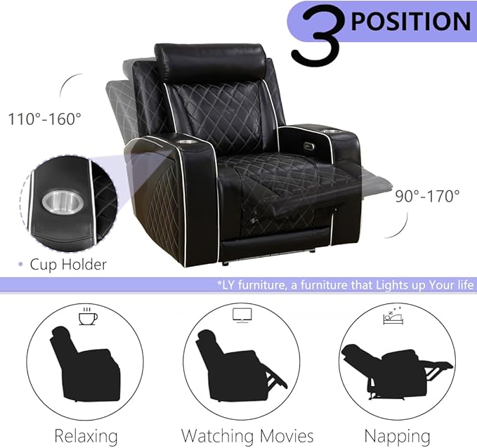 Power Recliner Sofa Set, Breathing Leather Reclining Couch Set, Home Theater Recliner Loveseat & Chairs with Cup Holders/Storage/Charging/LED for Living Room Furniture/Office, 2+1+1, Black