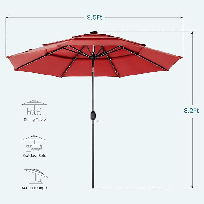 DUMOS 10FT 3 Tier Patio Umbrella with 32 LED Lights, 8 Ribs Outdoor Table Umbrella with Crank, Waterproof Market Umbrella for Pool, Beach, Terrace and Outdoor Restaurant, Red