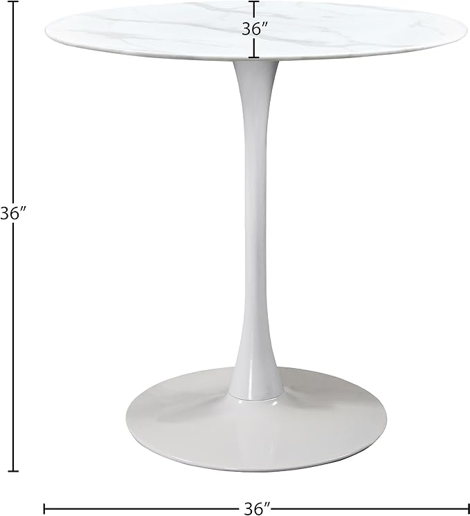 Meridian Furniture 929-T Holly Collection Modern | Contemporary Counter Height Table,10MM Thick Glass with Marble Veneer, 36" Round Faux Marble, Rich White Base, 36" W x 36" D x 36" H, White
