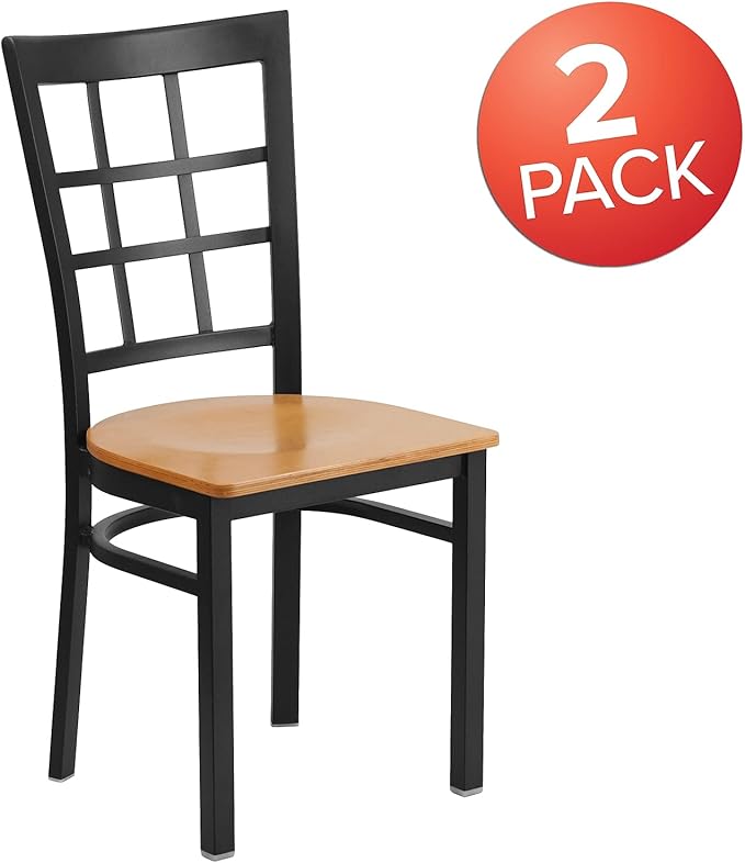 Flash Furniture 2 Pack HERCULES Series Black Window Back Metal Restaurant Chair - Natural Wood Seat