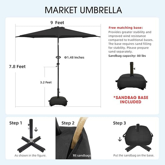 wikiwiki 9FT Patio Umbrella with Base, Outdoor Umbrellas with Base Included, 8 Sturdy Ribs, Waterproof Fade Resistant POLYESTER DTY Canopy for Deck, Lawn, Garden, Backyard & Pool, Black