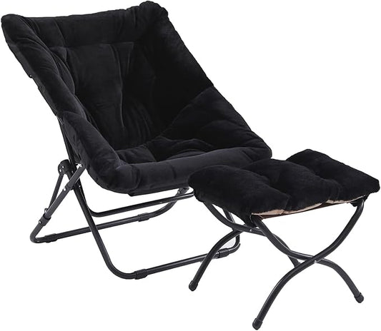 Comfy Folded Chair with Ottoman, Oversized Folding Faux Fur Chair Soft Furry Lazy Chair with Metal Frame Moon Chair Accent Chair for Bedroom, Living Room, Dorm Rooms
