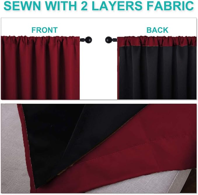 NICETOWN Kitchen Full Blackout Curtain Panels, Super Thick and Soft Insulated Window Covers, 100% Blackout Draperies with Black Backing for Cafe Window (Burgundy Red, Set of 2 PCs, 52 by 54-inch)