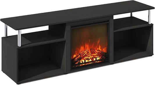 Furinno Jensen Fireplace TV Stand, NO Heat Decorative Electric Fireplace TV Stand for TV up to 70 Inch, with Open Storage, for Living Room, Americano/Stainless Steel