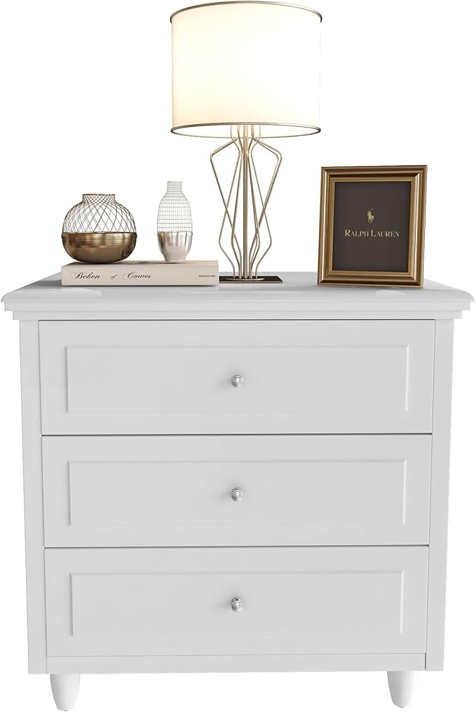 AWQM White Nightstand, 3 Drawer Night Stand, 22 Inch Wider Side Table with Storage, Rattan Boho Bedside Table, End Table for Bedroom, White