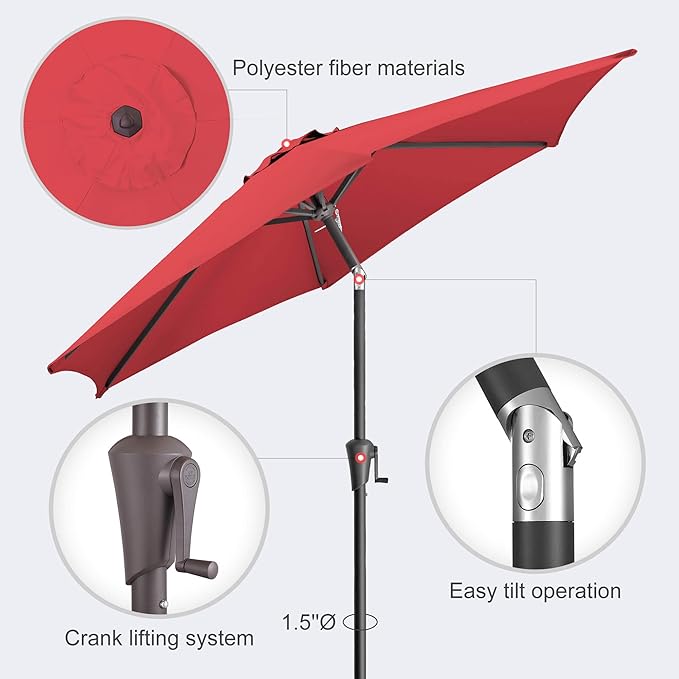 7.5ft Outdoor Patio Umbrella - Table Umbrella Waterprool UV Protection, Sombrillas de Patio with Push Button Tilt, Sun Umbrella for Pool, Porch, Garden, Deck, Backyard (Red)