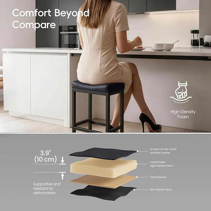 Counter Height Bar Stools Set of 2, 30 Inch Bar Stools for Kitchen Counter, Faux Leather Bar Stool, Saddle Barstool with Footrest & Heavy-Duty Metal Base, Easy Assembly, Black