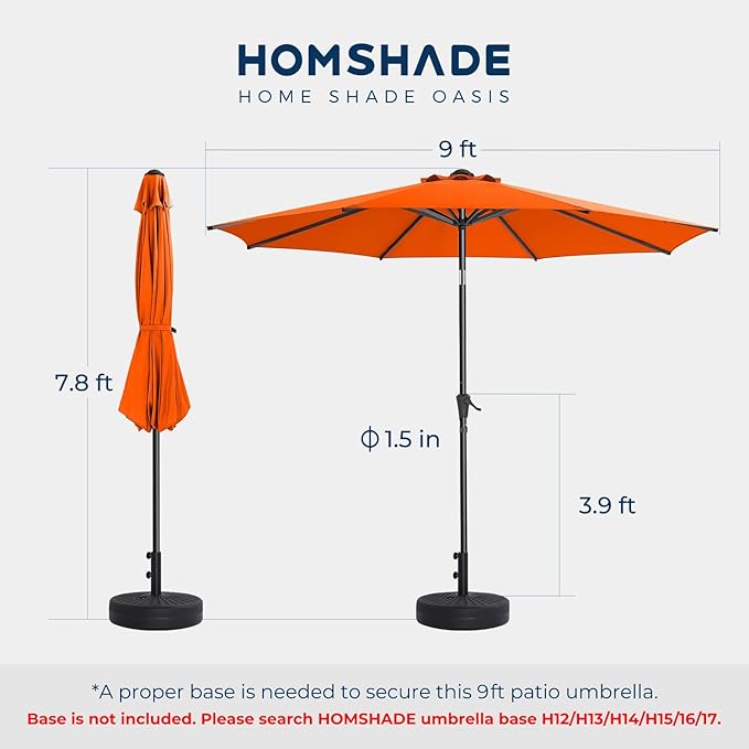 HOMSHADE Outdoor Patio Umbrella - Market Table Pool Deck Umbrella with Push Button Tilt, Crank, UPF50+ UV Protection and Sturdy Ribs, 3-Year Fade Resistance, 220GSM Solution-Dyed Fabric (No base)