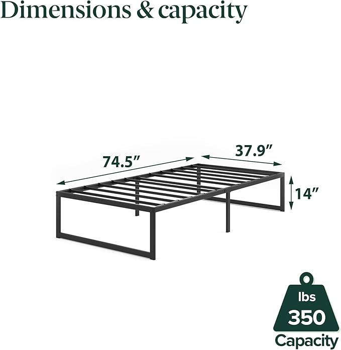 Zinus ABEL 14 Inch Platform Bed Frame, Steel Slat Support, Easy Assembly, No Box Spring Needed, Eco Friendly WonderBox(TM) Packaging, Black, Twin