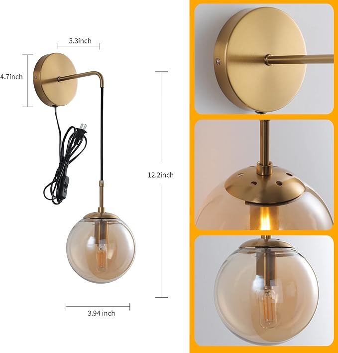 Wall Sconces Set of Two Plug in Wall Sconces with Globe Amber Glass Shade Wall Lamp with Cord Wall Sconce Plug in Brushed Brass Gold Sconces Set of 2 Wall Light Sconce