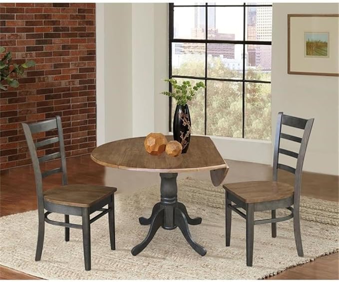 IC INTERNATIONAL CONCEPTS 42" Wood Drop Leaf Table with 2 Side Chairs in Hickory/Washed Coal - 3 Piece Set