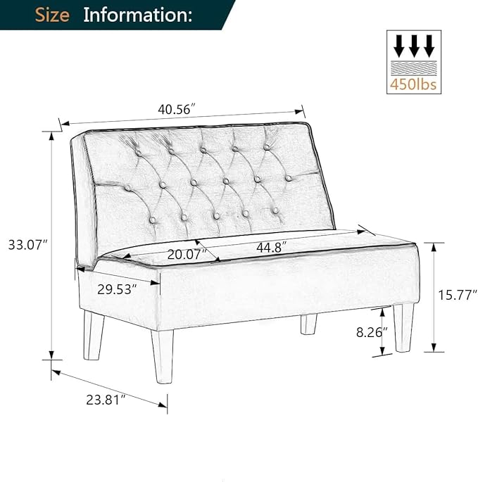 Alunaune Upholstered Loveseat Couch for Living Room, Armless Bedroom Settee Small Love Seat Sofa Tufted Button Dining Room Bench - Dark Grey