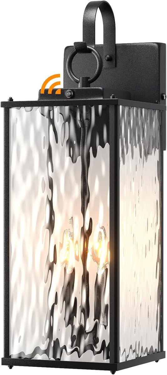 Dusk to Dawn Sensor Outdoor Light 18 Inch, Large 2-Light Bulb Outdoor Sconce Light Photocell Sensor Water Ripple Glass IP65 Waterproof Exterior Wall Lantern Lamp, E12