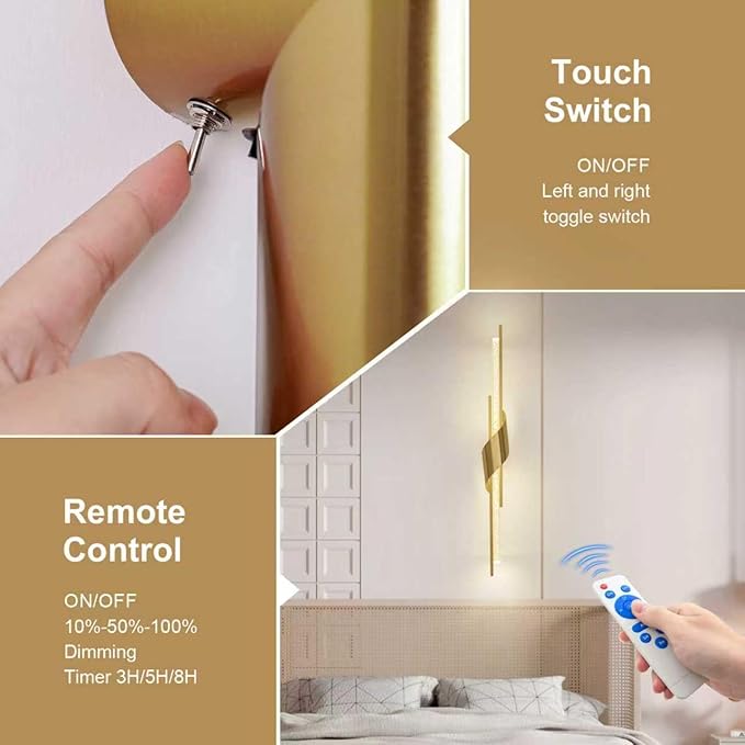 camuucci Battery Operated Gold Wall Sconces Set of Two,Modern Wireless Wall Lights,LED Rechargeable 12000mAh Not Hardwired Remote Control Dimmable Wall Lamp Fixtures for Bedroom 32 Inch