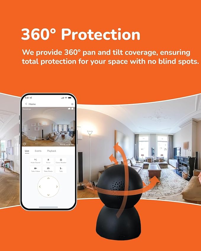 Sensforge 2.5K Indoor Pan-Tilt Dome Security Camera, 360° Coverage, AI Human & Pet Detection, Two-Way Talk, Dual-Band Wi-Fi (2.4G/5G), 64GB SD Card, Free Basic Plan, Optional Subscription (2, Black)