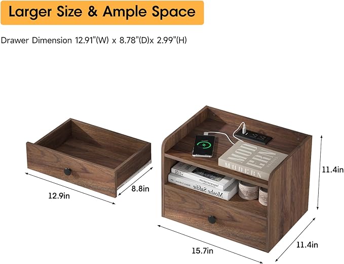 Floating Nightstand Set of 2 Modern Night Stands with Drawer and Open Shelf Cubby Small Bedside End Table with Charging Station Wall Mounted Nightstands Set 2 for Bedroom Brown Walnut