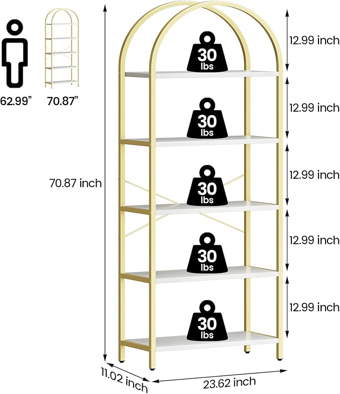 GAOMON Arched Bookshelf 5 Tier Bookcase 70.87in Tall Display Racks Modern Standing Bookshelves Metal Book Shelf for Bedroom, Living Room, Home Office