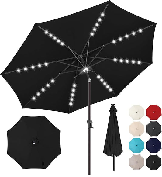 10FT Solar Umbrella Outdoor - Lighted Solar Patio Umbrella with 40 LED Lights Waterprool UV Protection, Table Umbrella with Tilt for Pool, Porch, Garden, Deck, Backyard (Black)