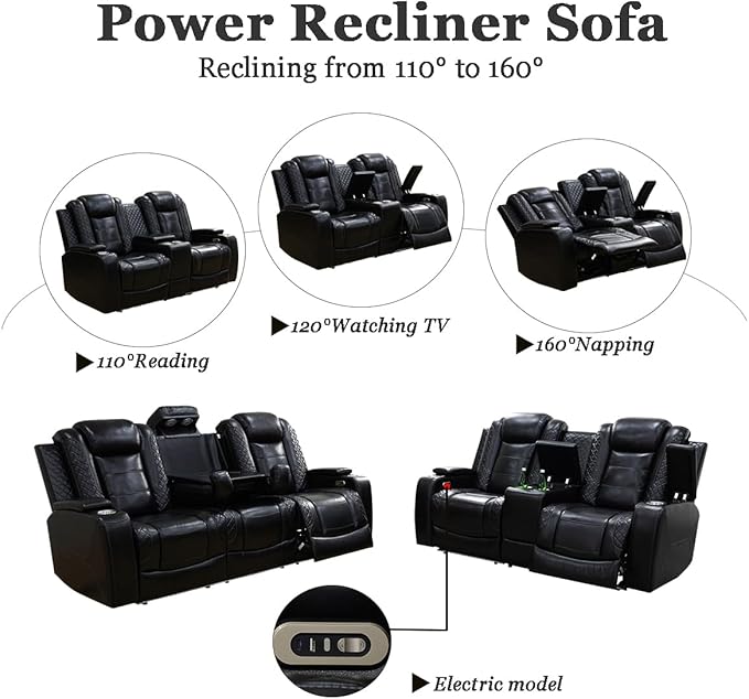 A Ainehome Power Leather Recliner Sofa Set with LED Lights, Recliner Sofa Sectional Couches for Living Room, Reclining Sofa and loveseat, USB Port/Storage Console/Cup Holder(Black,Sofa+loveseat)