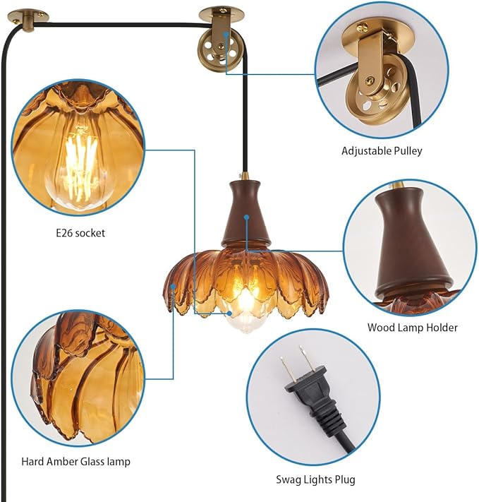 YLONG-ZS Vintage Hanging Lamp Plug in Hanging Light,Modern Flower Glass Pendant Light Plug in Walnut Wood Holder,Hanging Lamps with Pulley for Kitchen Island, Bedroom, Dining Room, Living Room，Corner