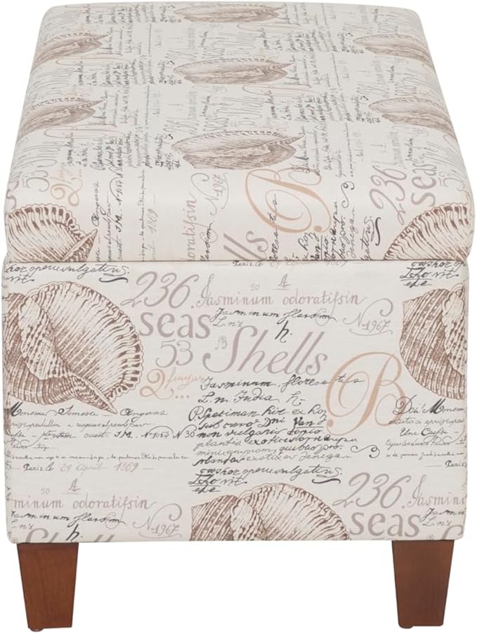 Linon Carmen Ivory and Beige Seashell Upholstered Lift Top Storage Ottoman with Wooden Feet