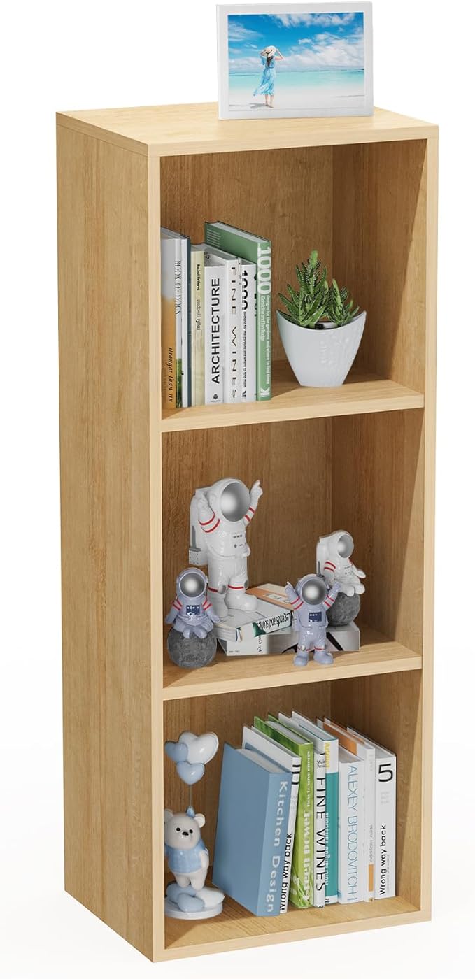 3 Tier Bookshelf, Narrow Bookcase for Small Spaces, Wooden Book Case Bookshelves Storage Organizer for Bedroom Living Room Home Office (Oak, 3 Cube)