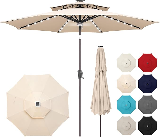 9ft Solar Umbrella Outdoor - 2 Tiers Lighted Solar Patio Umbrella with 40 LED Lights Waterprool UV Protection, Table Umbrella with Tilt for Pool, Porch, Garden, Backyard (Beige)