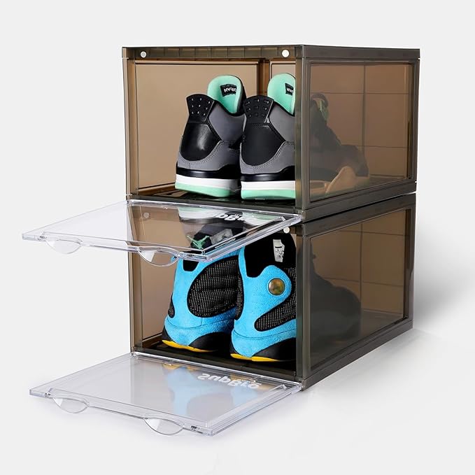 SupBro Collection Crate - Easy Access Storage Shoes Box -Plastic Foldable Stackable Sneaker Display Storage with Clear Front Door Organizer-2 Pack (Steel Flash)