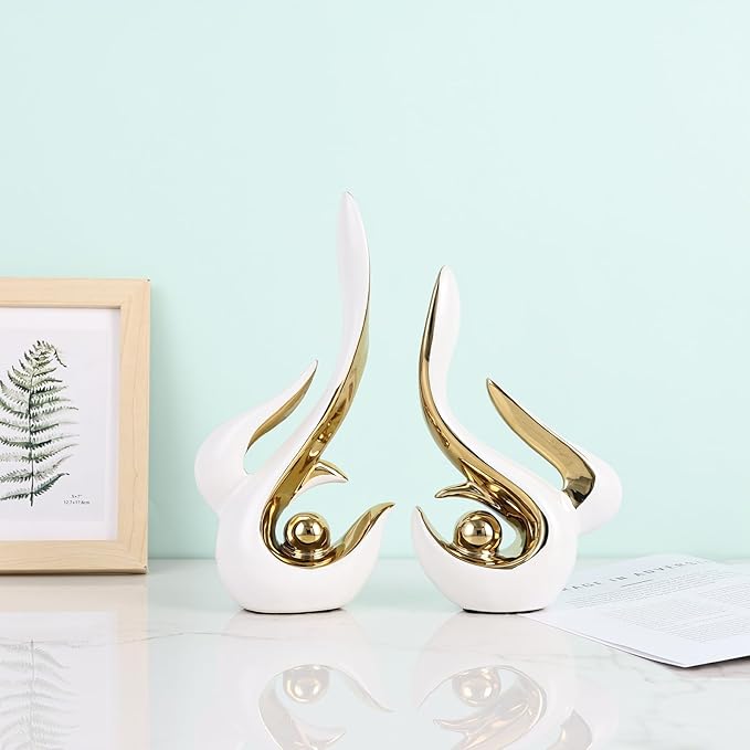 2PCS Abstract Ceramic Sculptures for Modern Decor, Sculptures Home Decor Accent, Abstract Art Figurines for Living Room Decorative Objects, Tabletop Centerpiece for Entryway,Shelf,TV Stand(White Gold)
