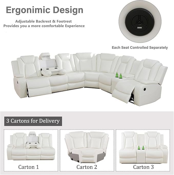 Power Recliner Sectional Sofa Set with Chair, Leather Reclining Couch Set for Living Room, Creamy White Breathing Leather Recliner Sectional with Storage Console/Cup Holders/USB Ports/LED