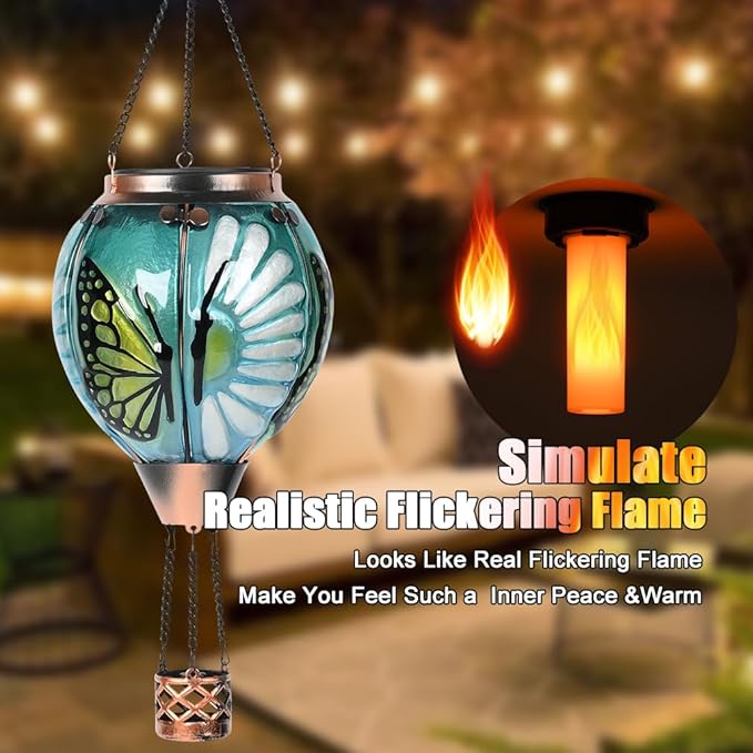 Hot Air Balloon Solar Lantern - Butterfly Stained Glass Lantern, Simulated Flickering Dancing Flame, Outdoor Hanging Yard Light Waterproof IP65 for Patio Lawn Porch Decor Gift
