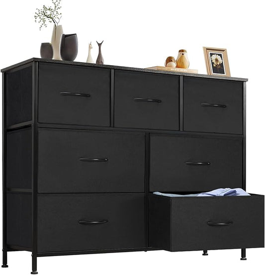 Sweetcrispy 7 Drawer Dresser Storage Organizer with Fabric Bins, Sturdy Steel Frame and Wood Top, Easy Pull Handles, for Bedroom Closet Hallway Entryway,Black
