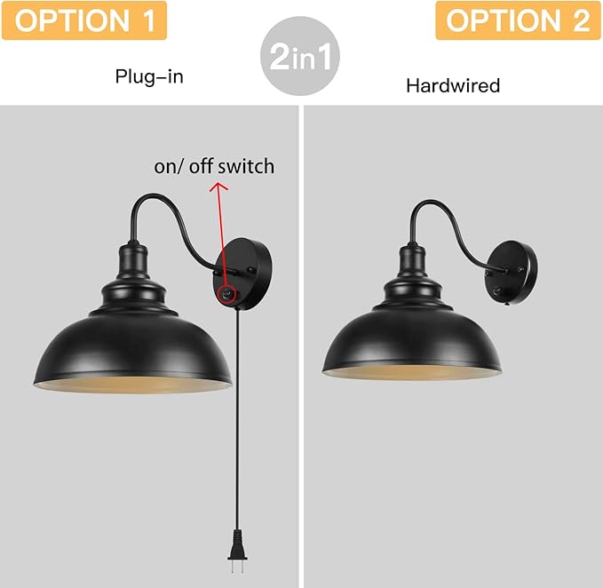 Gooseneck Wall Lamp Black Industrial Vintage Farmhouse Wall Sconces Lighting Wall Light Fixture with Plug in Cord and On Off Switch for Bedroom Nightstand