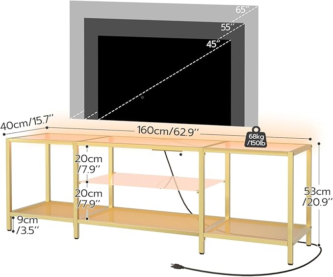 HOOBRO TV Stand with LED Lights and Power Outlets for TVs up to 75", Modern 63 Inch Tempered Glass TV Console Table with Open Shelves, Media Entertainment Center for Living Room, Gold GD165UDS01