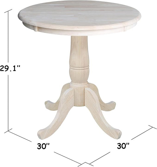 IC International Concepts, 30" Round Top Pedestal Dining Table, Solid Real Wood, Sturdy Parawood, Dimensions 30" D x 30" W x 28.8" H, Paint/Stain Ready, Unfinished