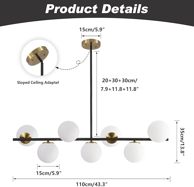 KCO Lighting Black and Brass Linear Pendant Light Mid Century Modern Sputnik Chandelier 7 Lights Milk Glass Globe Kitchen Island Pendant Lighting for Dining Room Living Room