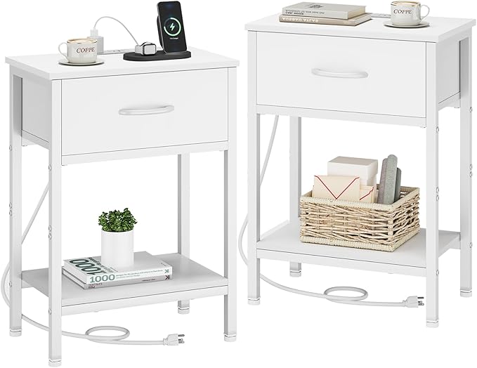 Vagusicc White Nightstand Set of 2 with Charging Station, Bed Side Table with Fabric Drawer, Small End Table with 2-Tier Storage Shelves, 25.4" Tall Bedside Table, Night Stand for Bedroom, Living Room