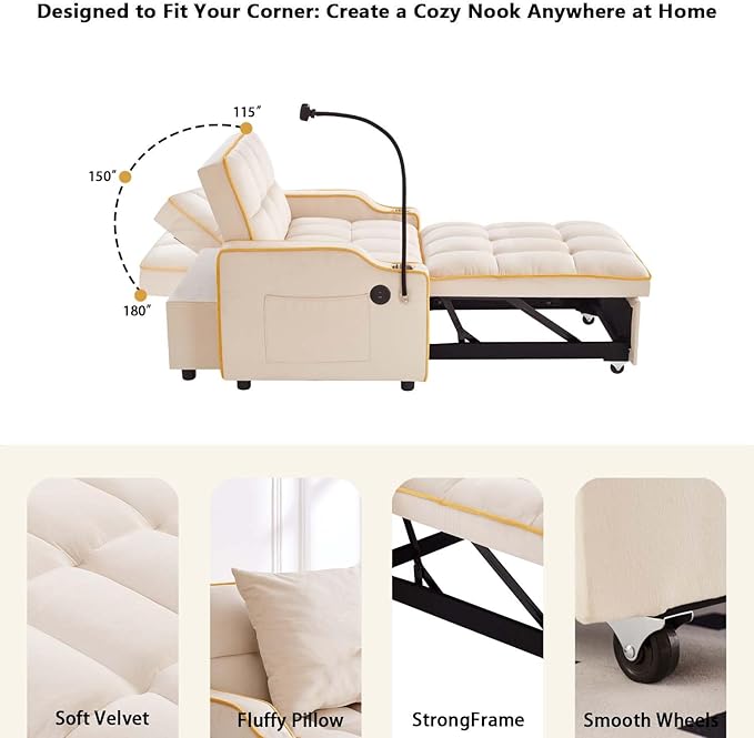 Convertible Sofa Bed, 3 in 1 Futon Sofa Bed with USB Charging Ports, Cup Holder, Phone Stand & Pocket, Modern Upholstered Sleeper Sofa for Living Room, Apartment or Small Space (Beige)