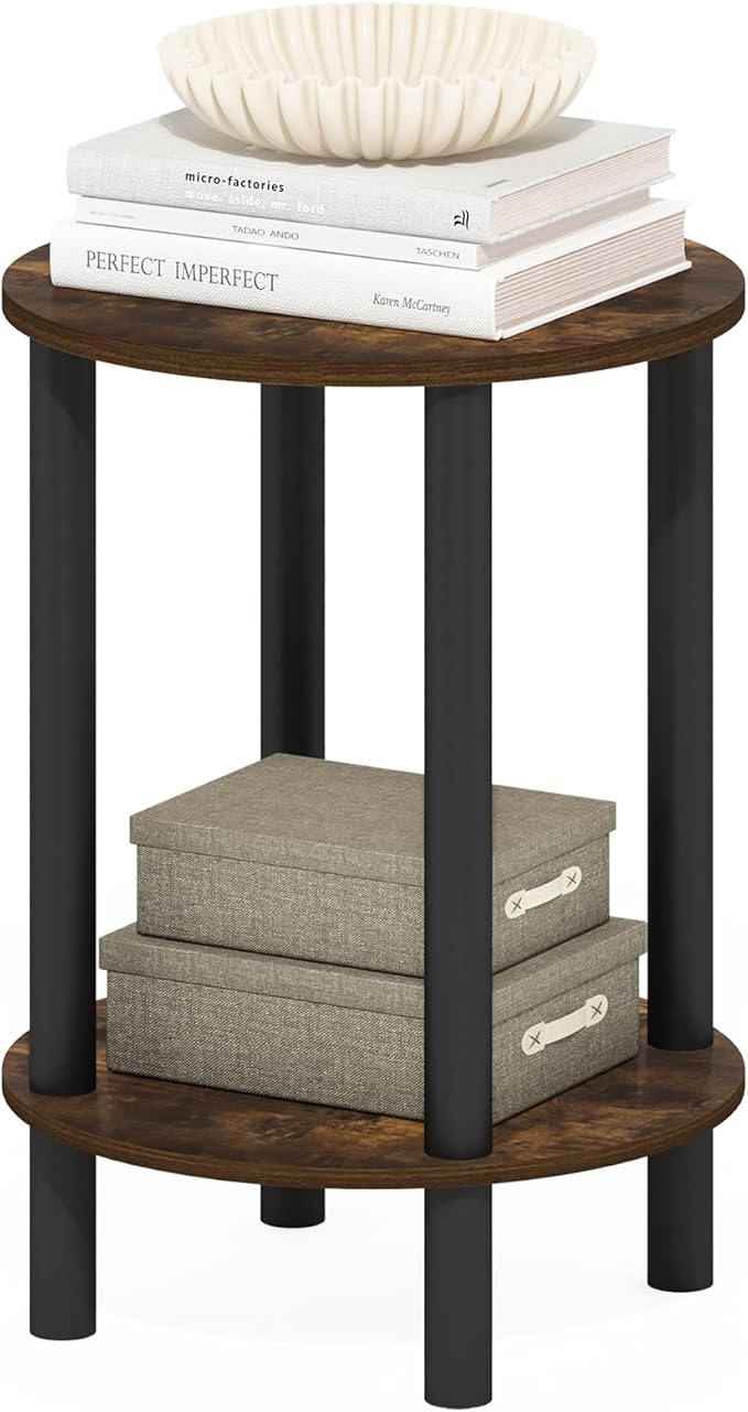 Furinno Turn-N-Tube Side Table, 2-Tier Round End Table, Toolless Assembly Night Stand, Bedside Table with Open Shelf, for Living Room, Bedroom, Amber Pine