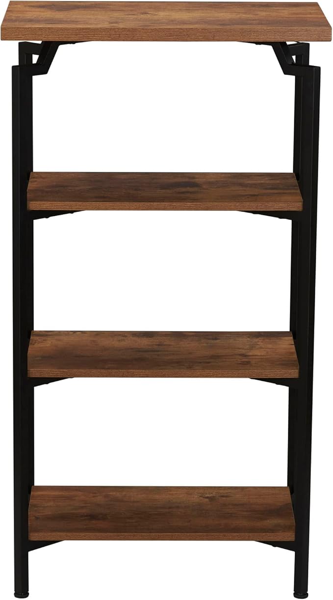 Household Essentials Crown Narrow 4 Shelf Open Storage Bookshelf Rustic Hickory Wood Grain and Black Metal