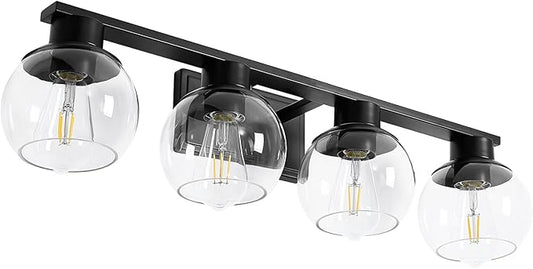 PAZALA 4-Lights Bathroom Vanity Light, Modern Bathroom Lighting Fixtures with Globe Glass Shade, 30in Matte Black Wall Sconce for Bath Over Mirror Kitchen Cabinet Bedroom Hallway Farmhouse, E26 Base