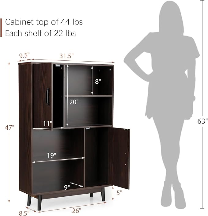 Giantex Storage Cabinet with Legs, Floor Cabinet with Doors, Shelves, Anti-Tipping Device, 4-Tier Bookshelf for Books & Photos, Tall Cupboard in Living Room, Kitchen Buffet Sideboard (Espresso)