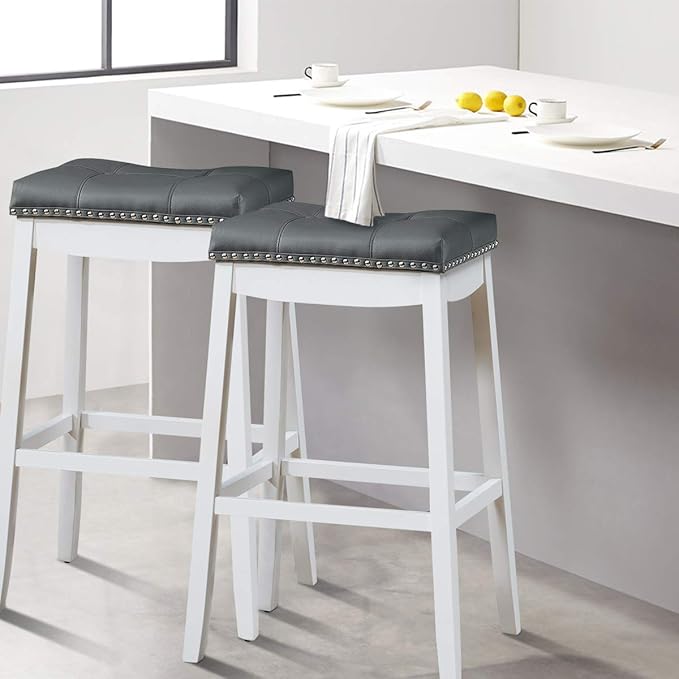 COSTWAY Bar Stools Set of 2, 29-Inch Height Backless Counter Stool with Footrest, Soft Seat Cushion, Wood Legs and Non-Slip Foot Pad, Saddle Stools for Home Kitchen Living Room, Stone Gray+White